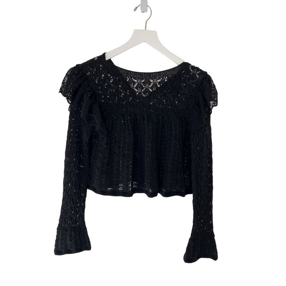 Zara Black Pointelle Ruffle Long Sleeve Semi Crop Top - Picture 9 of 10